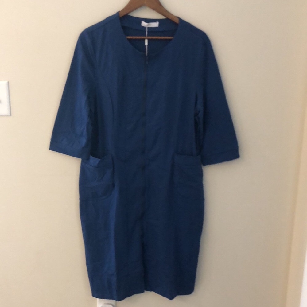 Zexxy Blue V neck tee shirt dress cropped sleeves front pockets soft comfy SZ M